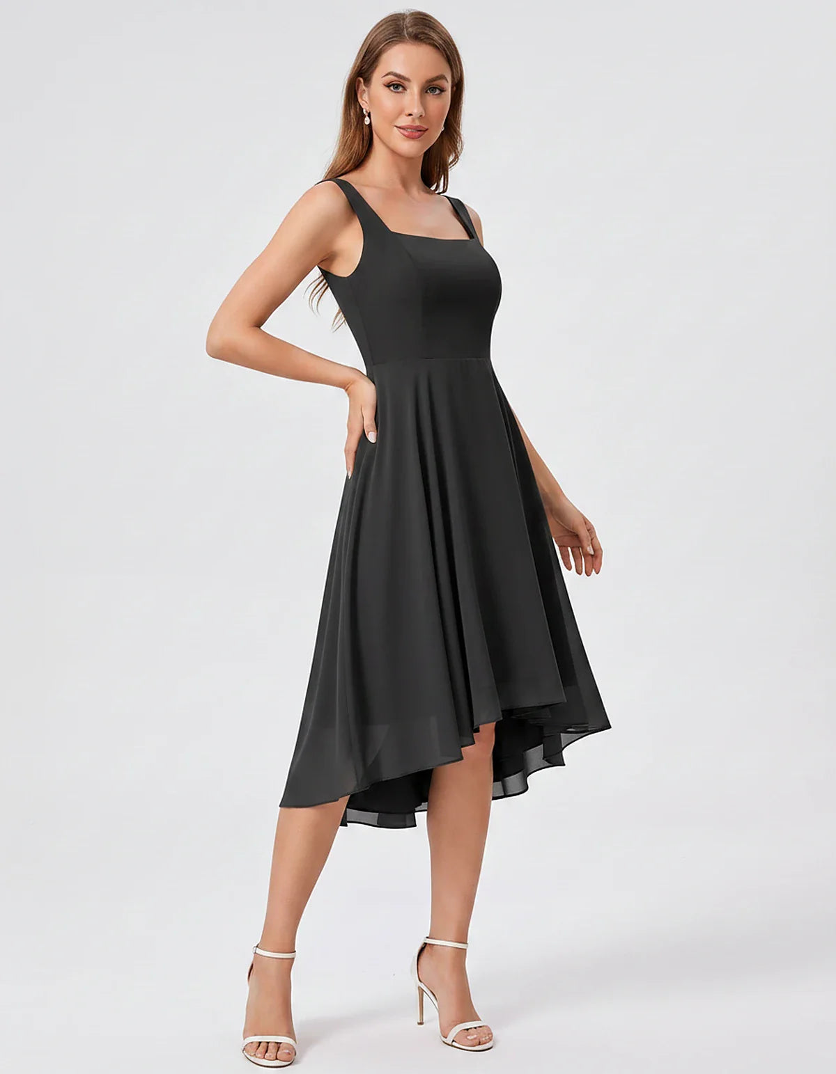 Polyester Chiffon Sleeveless Strapless A-Line Midi Dress for Party, Cocktail, Evening, Wedding Guest, Summer Events & Vacatio | SKU: VD-684275913548126-BLACK-L,VD-684275913548126-BLACK-M,VD-684275913548126-BLACK-S,VD-684275913548126-BLACK-XL,VD-684275913548126-BLACK-XS
