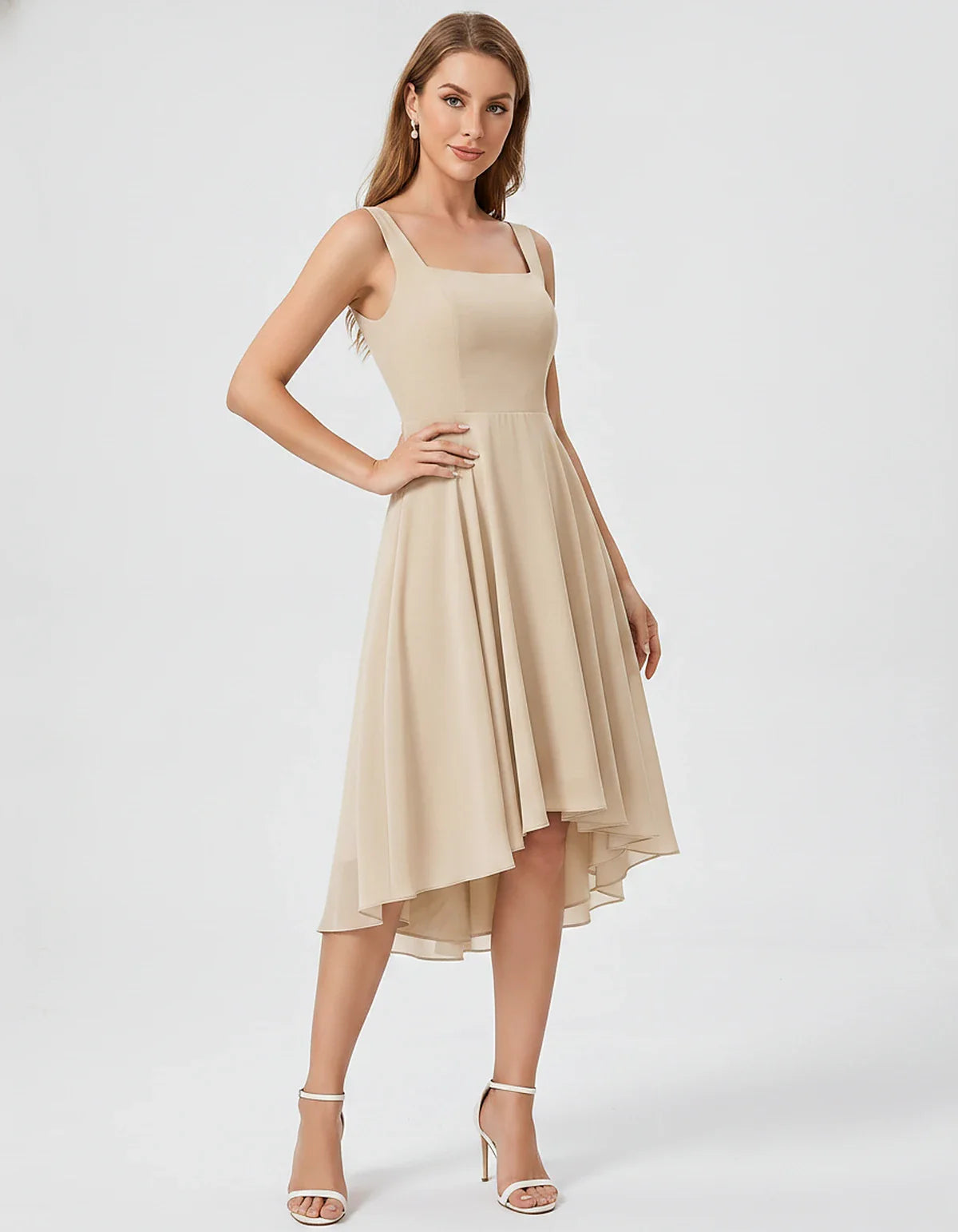Polyester Chiffon Sleeveless Strapless A-Line Midi Dress for Party, Cocktail, Evening, Wedding Guest, Summer Events & Vacatio | SKU: VD-684275913548126-CHAMPAGNE-L,VD-684275913548126-CHAMPAGNE-M,VD-684275913548126-CHAMPAGNE-S,VD-684275913548126-CHAMPAGNE-XL,VD-684275913548126-CHAMPAGNE-XS