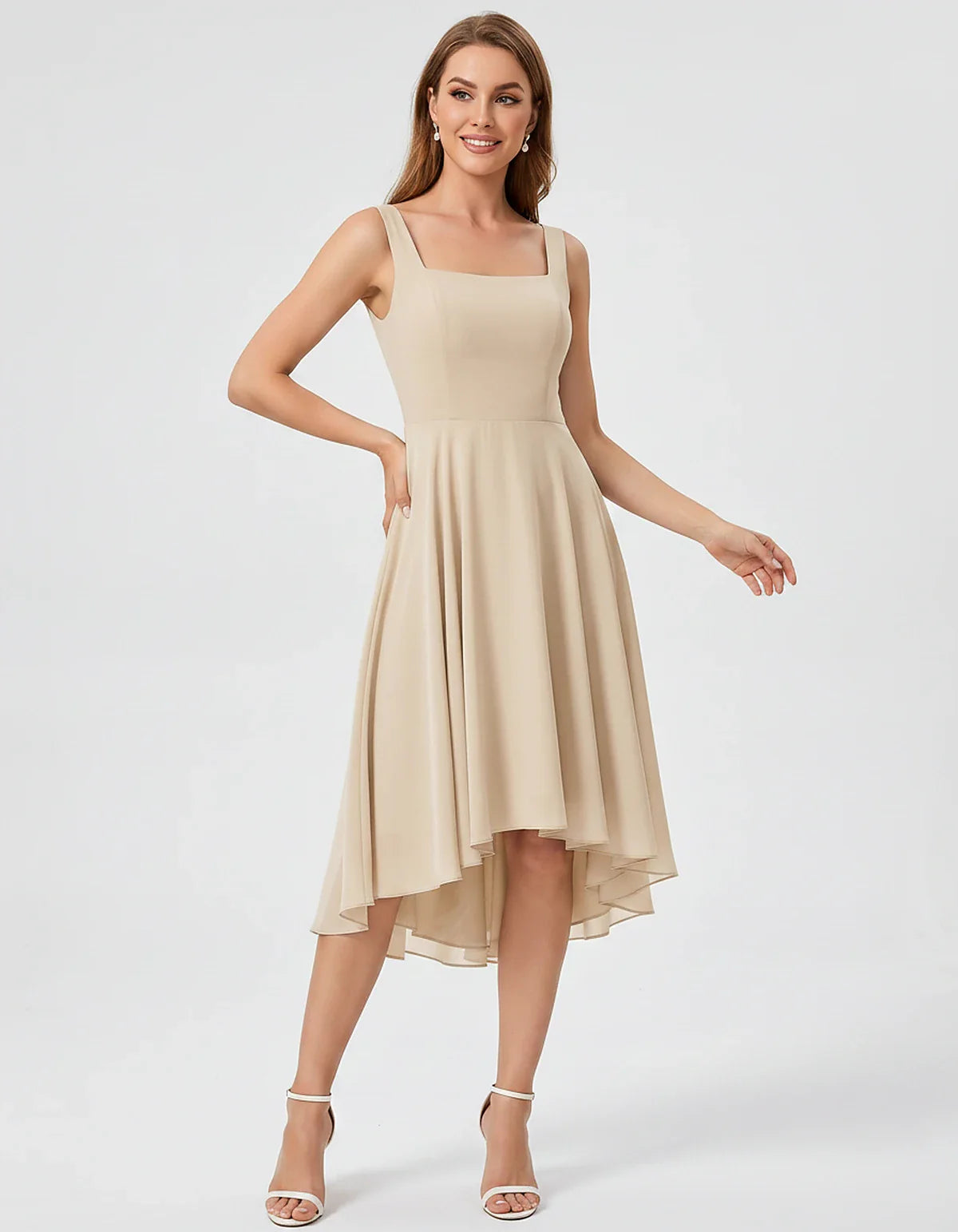 Polyester Chiffon Sleeveless Strapless A-Line Midi Dress for Party, Cocktail, Evening, Wedding Guest, Summer Events & Vacatio | SKU: VD-684275913548126-CHAMPAGNE-L,VD-684275913548126-CHAMPAGNE-M,VD-684275913548126-CHAMPAGNE-S,VD-684275913548126-CHAMPAGNE-XL,VD-684275913548126-CHAMPAGNE-XS