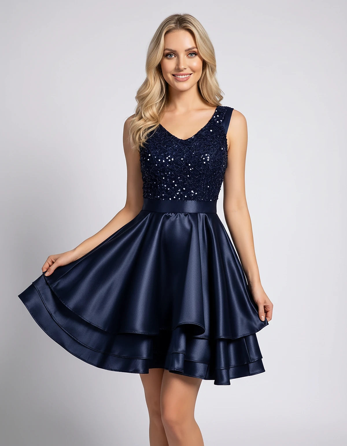 100% Polyester Sleeveless V-Neck A-Line Mini Dress with Sequined Bodice for Party, Cocktail, Evening, Summer & Wedding Guest 
