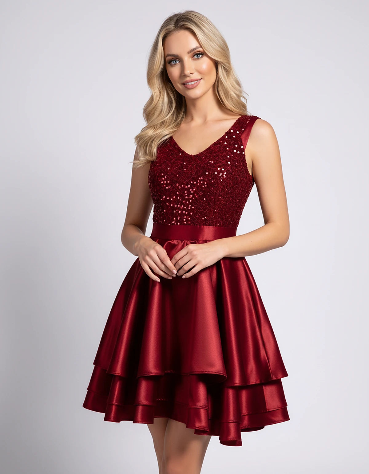 100% Polyester Sleeveless V-Neck A-Line Mini Dress with Sequined Bodice for Party, Cocktail, Evening, Summer & Wedding Guest 