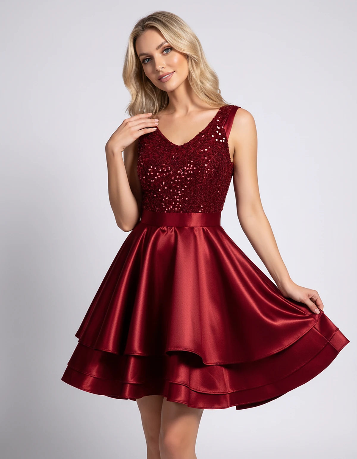 100% Polyester Sleeveless V-Neck A-Line Mini Dress with Sequined Bodice for Party, Cocktail, Evening, Summer & Wedding Guest 