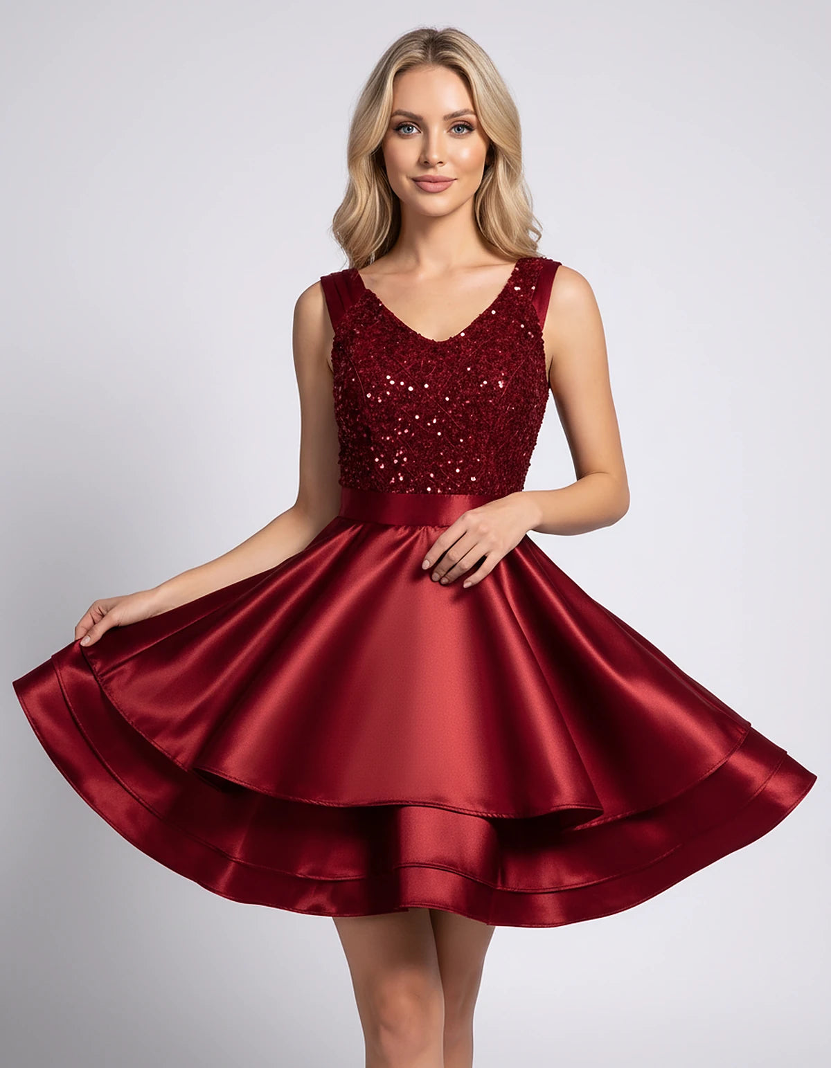 100% Polyester Sleeveless V-Neck A-Line Mini Dress with Sequined Bodice for Party, Cocktail, Evening, Summer & Wedding Guest 