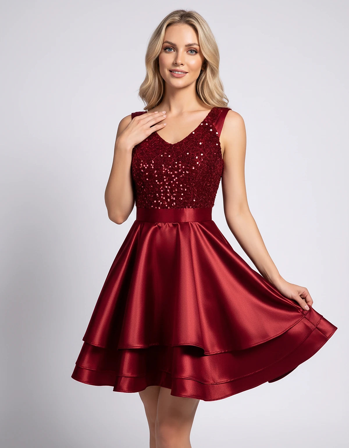100% Polyester Sleeveless V-Neck A-Line Mini Dress with Sequined Bodice for Party, Cocktail, Evening, Summer & Wedding Guest 