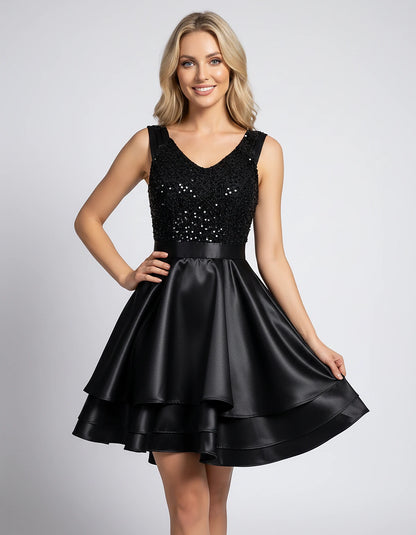 100% Polyester Sleeveless V-Neck A-Line Mini Dress with Sequined Bodice for Party, Cocktail, Evening, Summer & Wedding Guest 