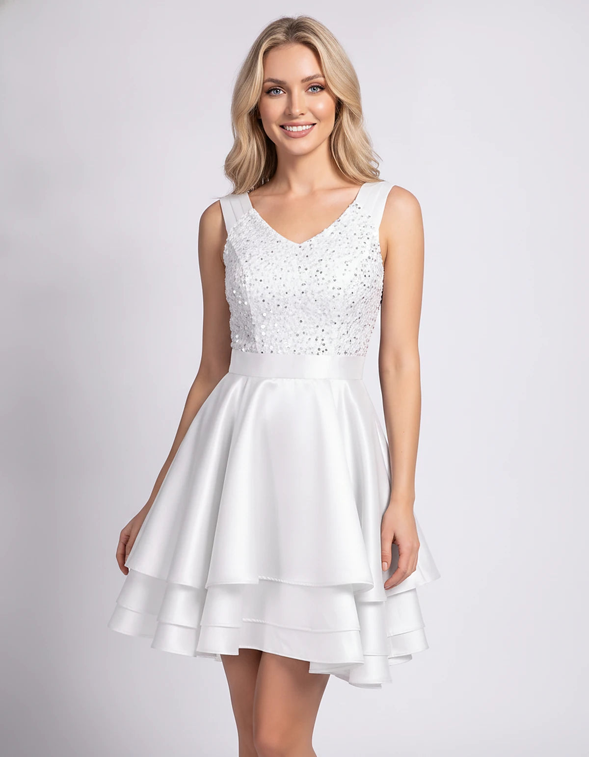100% Polyester Sleeveless V-Neck A-Line Mini Dress with Sequined Bodice for Party, Cocktail, Evening, Summer & Wedding Guest 