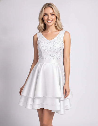 100% Polyester Sleeveless V-Neck A-Line Mini Dress with Sequined Bodice for Party, Cocktail, Evening, Summer & Wedding Guest 