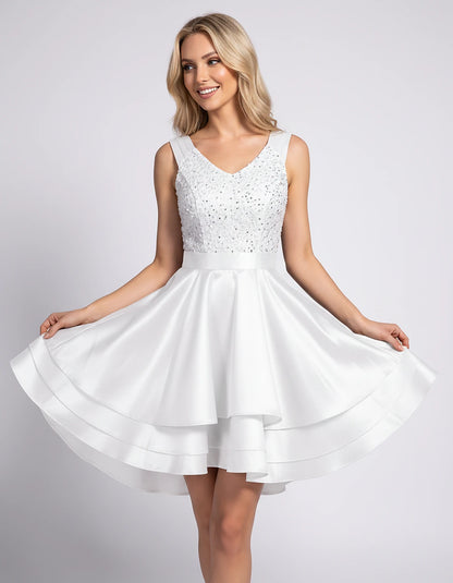 100% Polyester Sleeveless V-Neck A-Line Mini Dress with Sequined Bodice for Party, Cocktail, Evening, Summer & Wedding Guest 