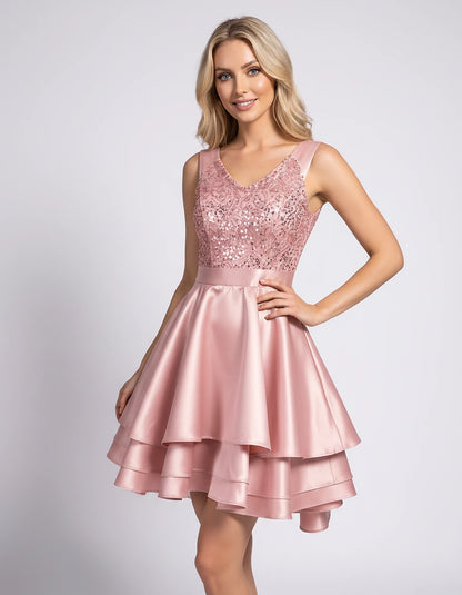 100% Polyester Sleeveless V-Neck A-Line Mini Dress with Sequined Bodice for Party, Cocktail, Evening, Summer & Wedding Guest 