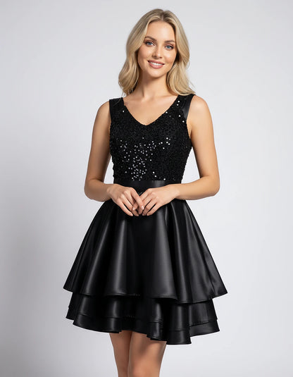 100% Polyester Sleeveless V-Neck A-Line Mini Dress with Sequined Bodice for Party, Cocktail, Evening, Summer & Wedding Guest 