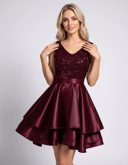 100% Polyester Sleeveless V-Neck A-Line Mini Dress with Sequined Bodice for Party, Cocktail, Evening, Summer & Wedding Guest 