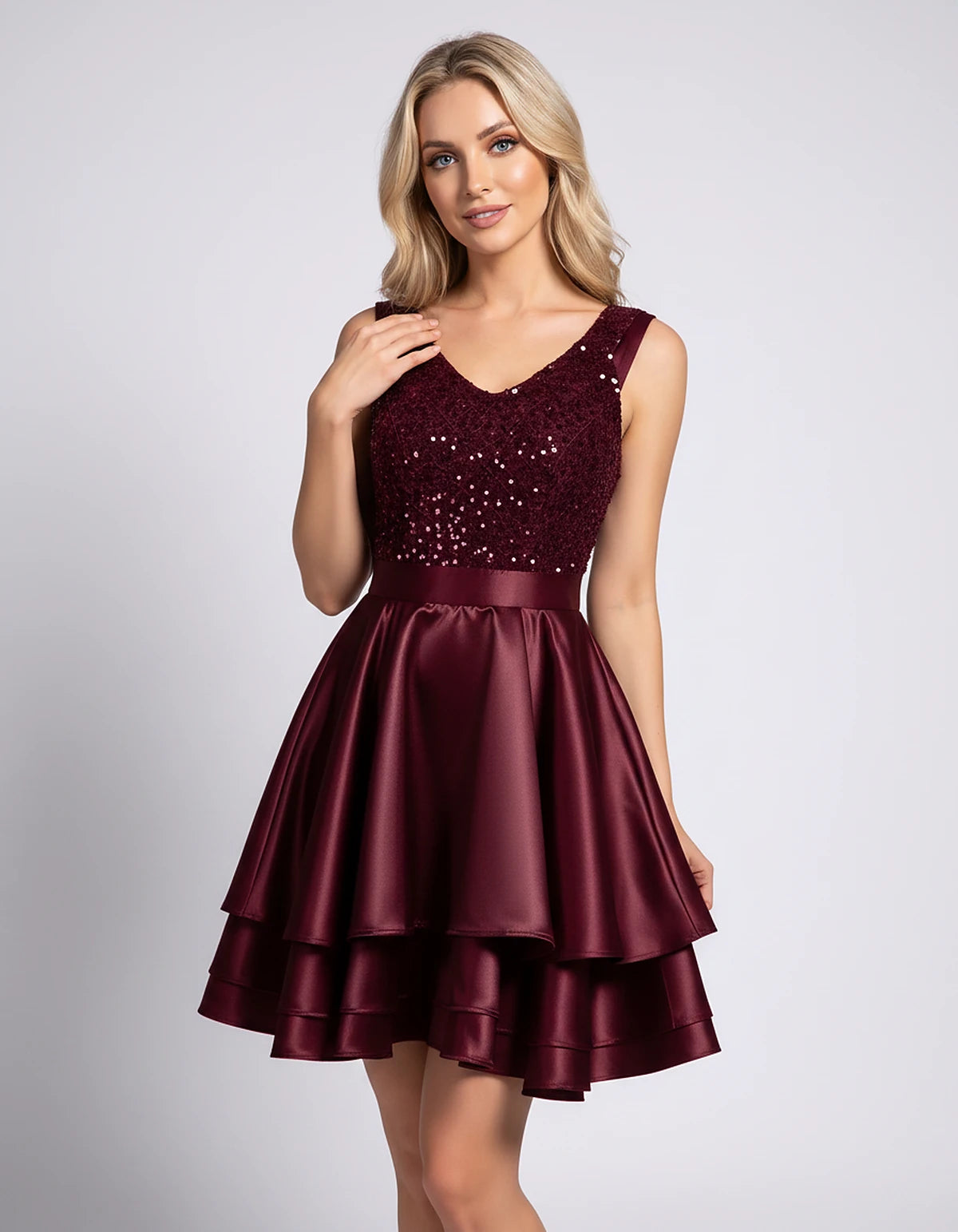 100% Polyester Sleeveless V-Neck A-Line Mini Dress with Sequined Bodice for Party, Cocktail, Evening, Summer & Wedding Guest 