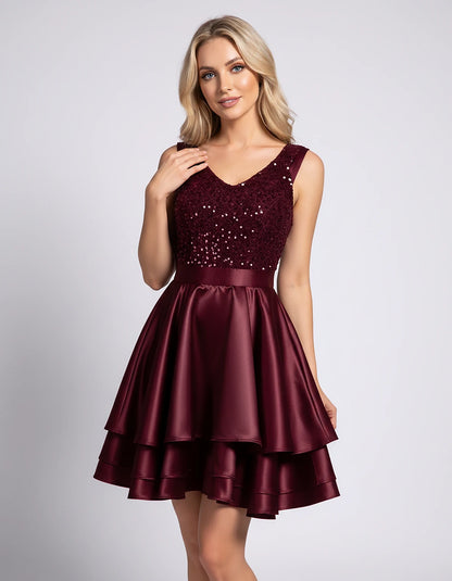100% Polyester Sleeveless V-Neck A-Line Mini Dress with Sequined Bodice for Party, Cocktail, Evening, Summer & Wedding Guest 