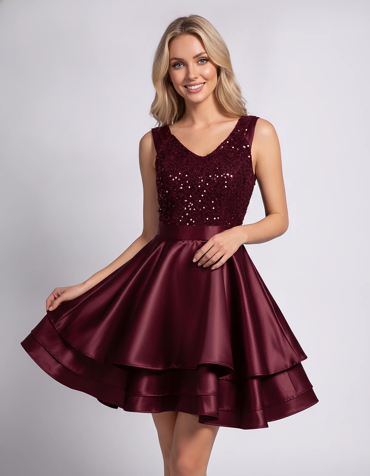 100% Polyester Sleeveless V-Neck A-Line Mini Dress with Sequined Bodice for Party, Cocktail, Evening, Summer & Wedding Guest 