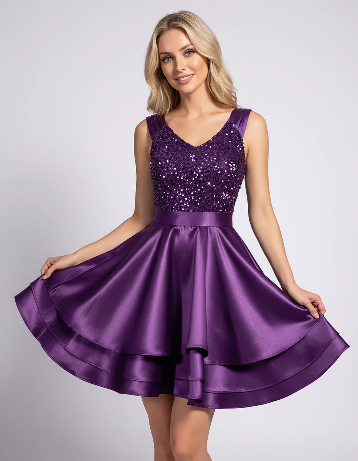 100% Polyester Sleeveless V-Neck A-Line Mini Dress with Sequined Bodice for Party, Cocktail, Evening, Summer & Wedding Guest 