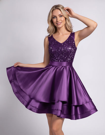 100% Polyester Sleeveless V-Neck A-Line Mini Dress with Sequined Bodice for Party, Cocktail, Evening, Summer & Wedding Guest 