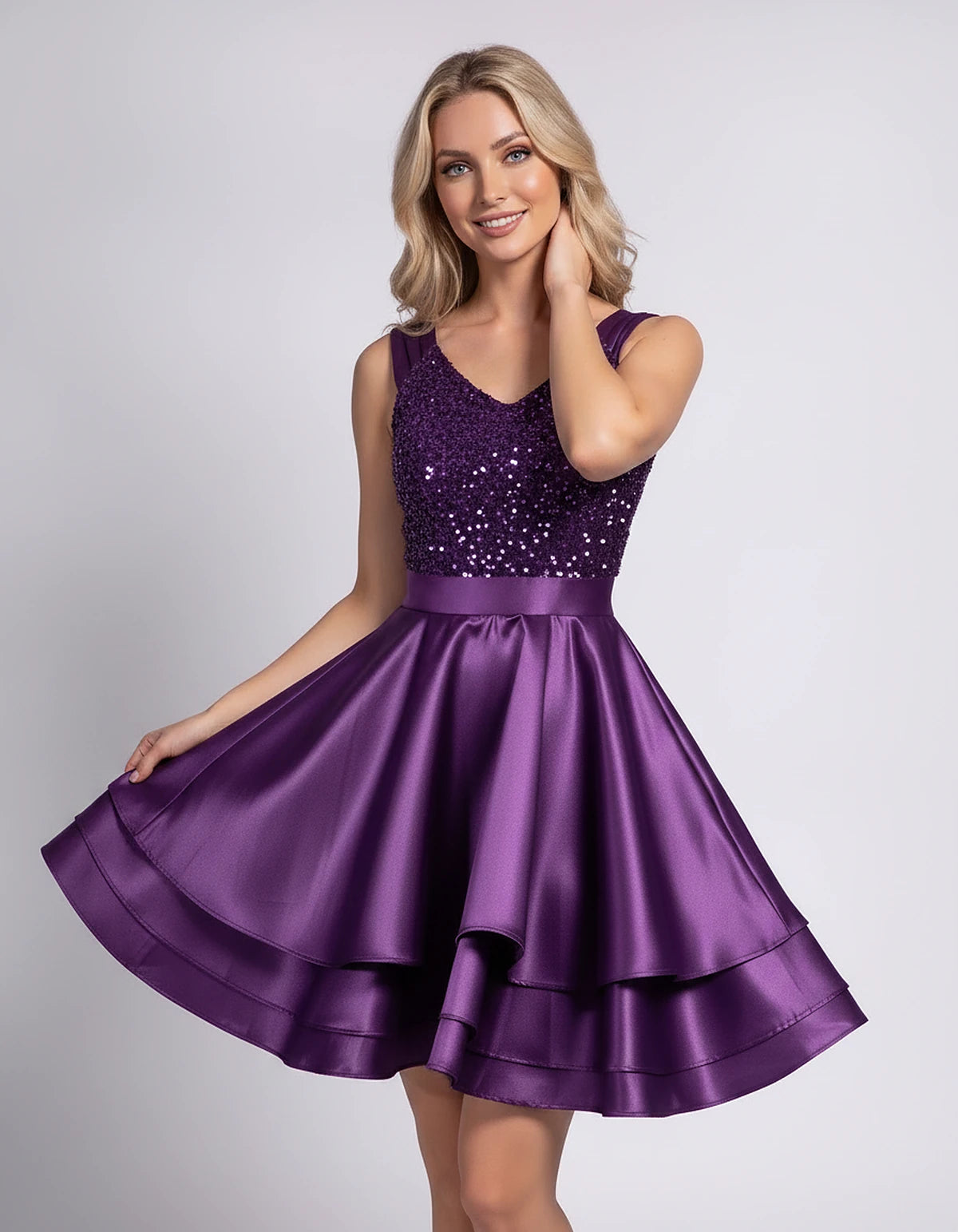 100% Polyester Sleeveless V-Neck A-Line Mini Dress with Sequined Bodice for Party, Cocktail, Evening, Summer & Wedding Guest 