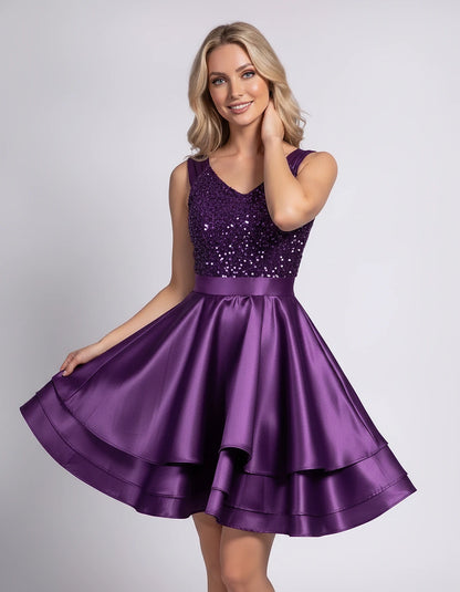 100% Polyester Sleeveless V-Neck A-Line Mini Dress with Sequined Bodice for Party, Cocktail, Evening, Summer & Wedding Guest 