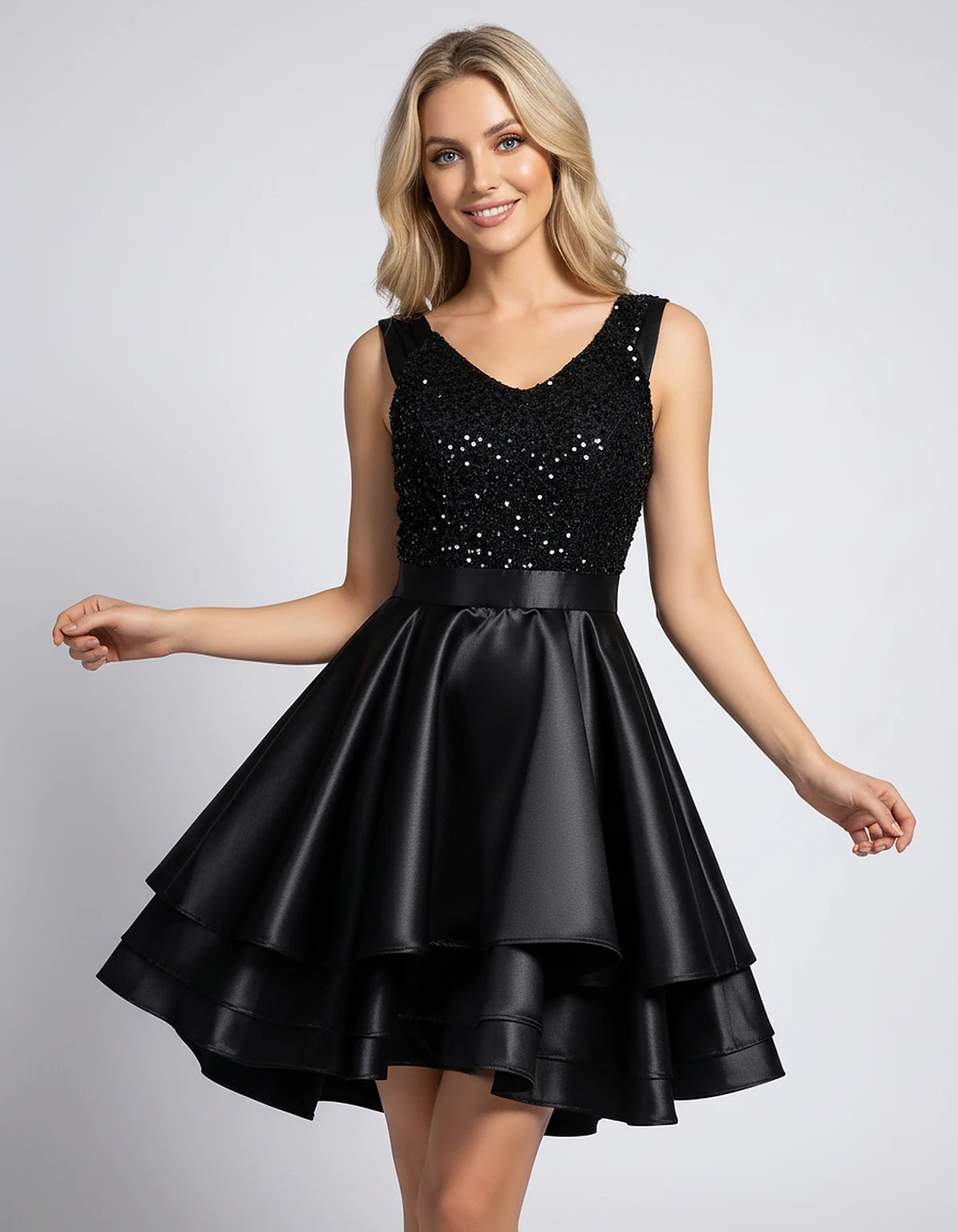 100% Polyester Sleeveless V-Neck A-Line Mini Dress with Sequined Bodice for Party, Cocktail, Evening, Summer & Wedding Guest 