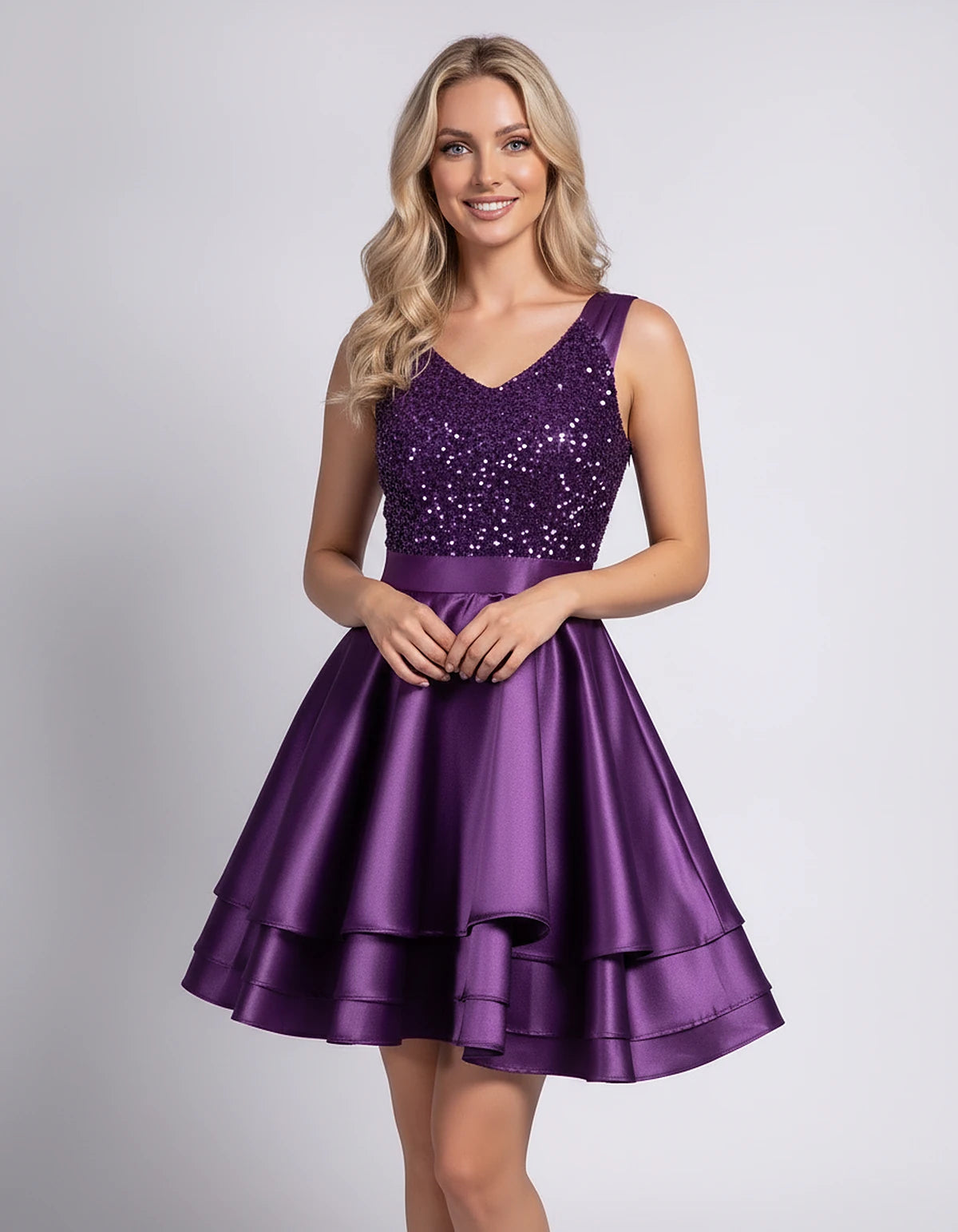 100% Polyester Sleeveless V-Neck A-Line Mini Dress with Sequined Bodice for Party, Cocktail, Evening, Summer & Wedding Guest 