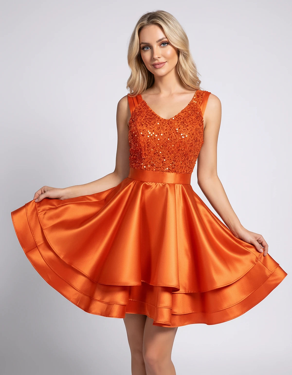 100% Polyester Sleeveless V-Neck A-Line Mini Dress with Sequined Bodice for Party, Cocktail, Evening, Summer & Wedding Guest 