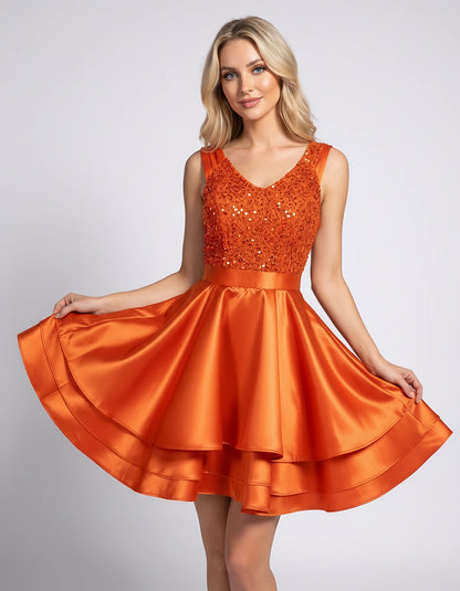 100% Polyester Sleeveless V-Neck A-Line Mini Dress with Sequined Bodice for Party, Cocktail, Evening, Summer & Wedding Guest 