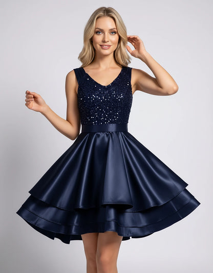 100% Polyester Sleeveless V-Neck A-Line Mini Dress with Sequined Bodice for Party, Cocktail, Evening, Summer & Wedding Guest 
