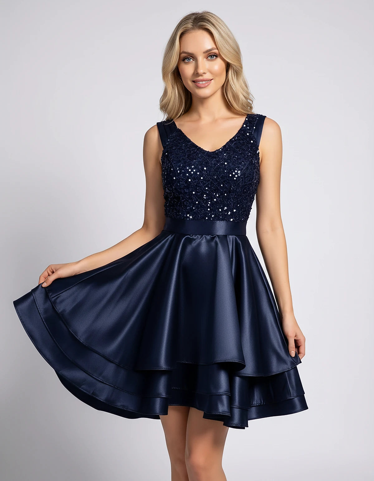 100% Polyester Sleeveless V-Neck A-Line Mini Dress with Sequined Bodice for Party, Cocktail, Evening, Summer & Wedding Guest 
