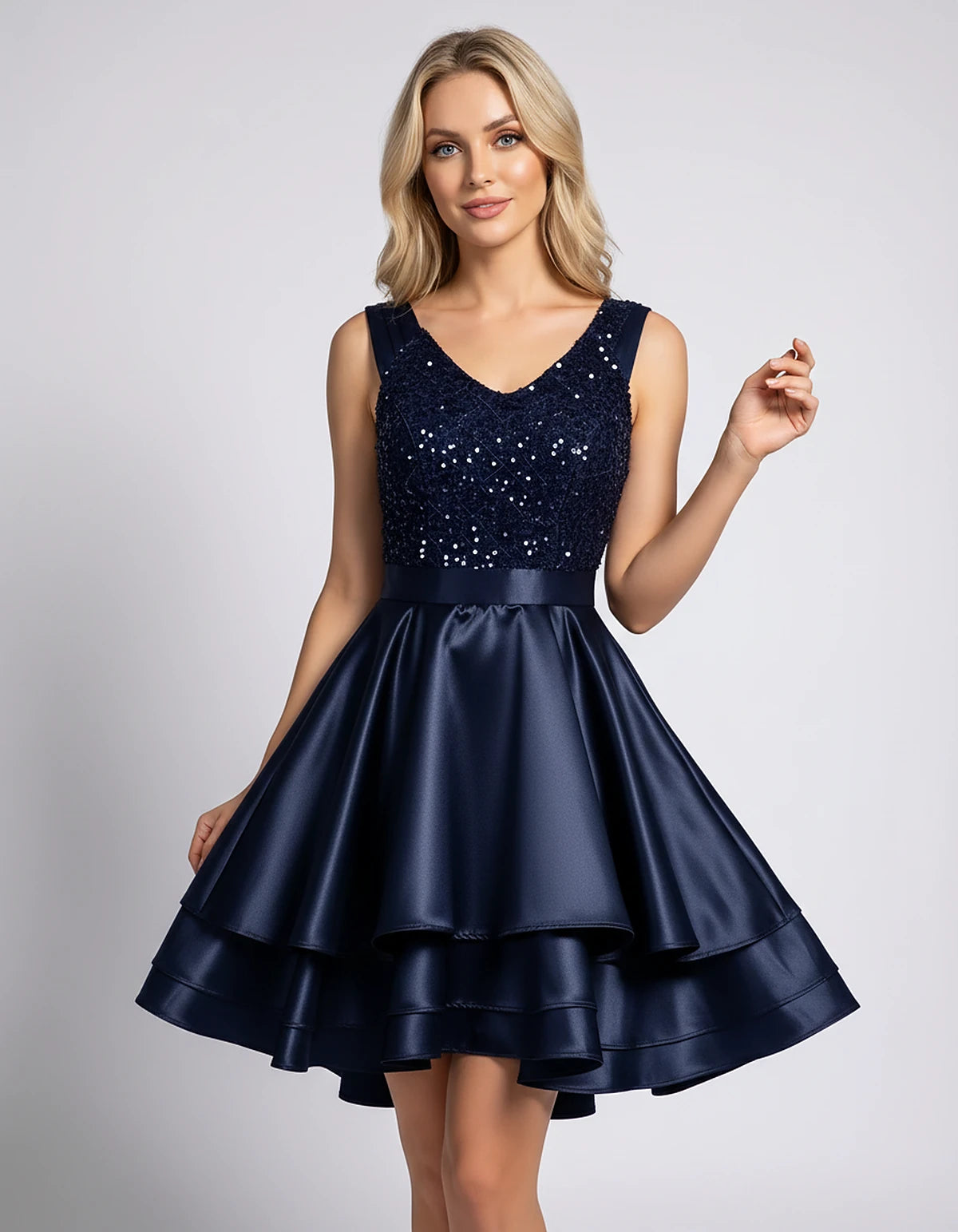 100% Polyester Sleeveless V-Neck A-Line Mini Dress with Sequined Bodice for Party, Cocktail, Evening, Summer & Wedding Guest 