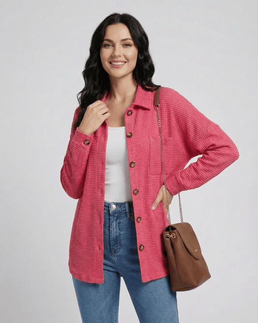 Verona Jacket – Women’s Pink Jacket in Waffle Knit with Longline Casual Fit by RAMBLION.