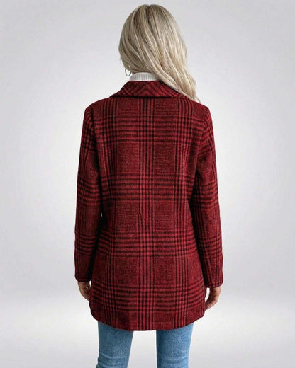 Back view of the Women's Red Plaid Verona Jacket by RAMBLION, showcasing its slim fit and stylish design.