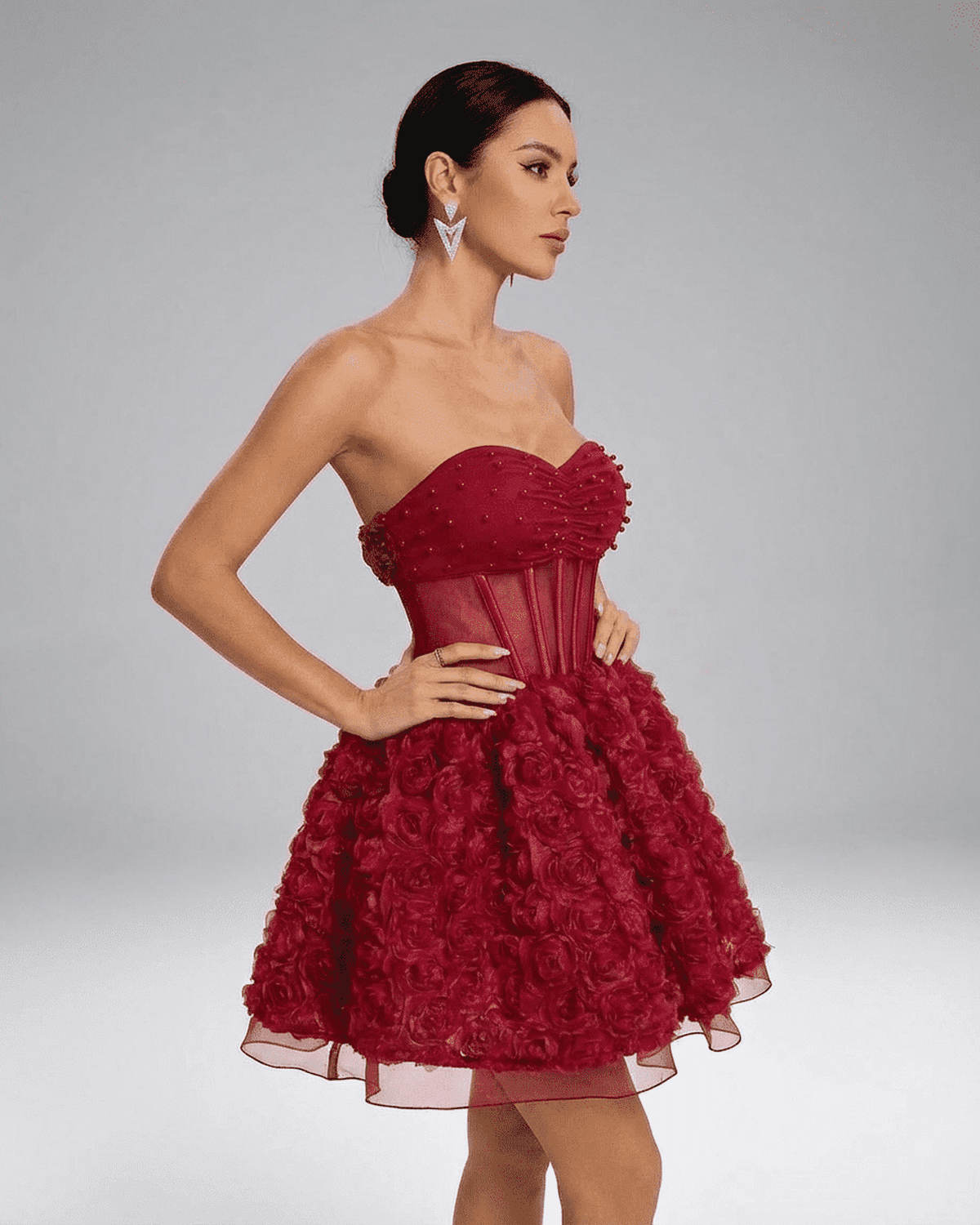 Verona Mini Dress by RAMBLION, beaded strapless puff mini with 3D floral texture and structured bodice.
