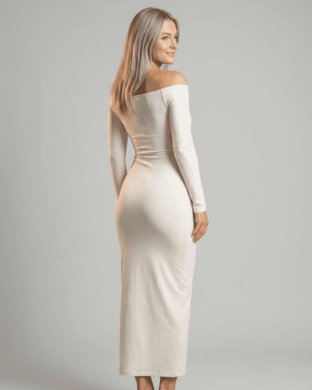 Via Maxi Dress by RAMBLION, elegant off-shoulder white ankle-length dress, perfect for special occasions with comfort.
