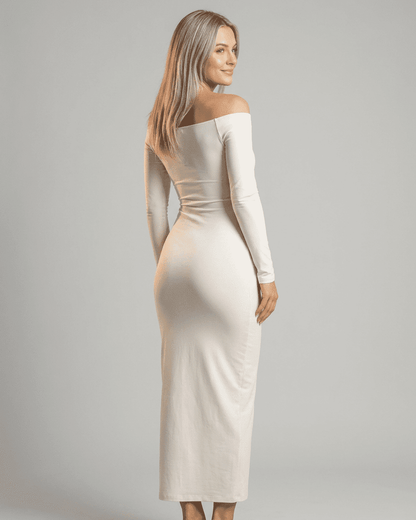 Via Maxi Dress by RAMBLION, elegant off-shoulder white ankle-length dress, perfect for special occasions with comfort.