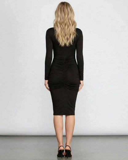 Back view of Vida Midi Dress, black satin with ruching detail, perfect for elegant occasions by RAMBLION.