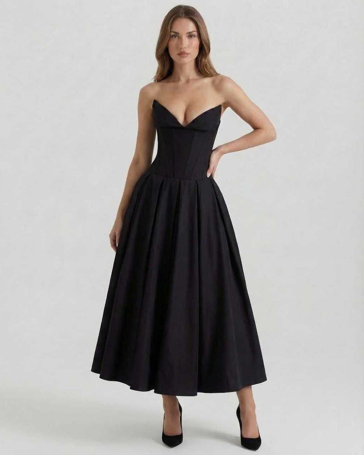 Vietri Midi Dress in black, strapless, A-line silhouette, luxurious velvet, perfect for sophisticated occasions by RAMBLION.