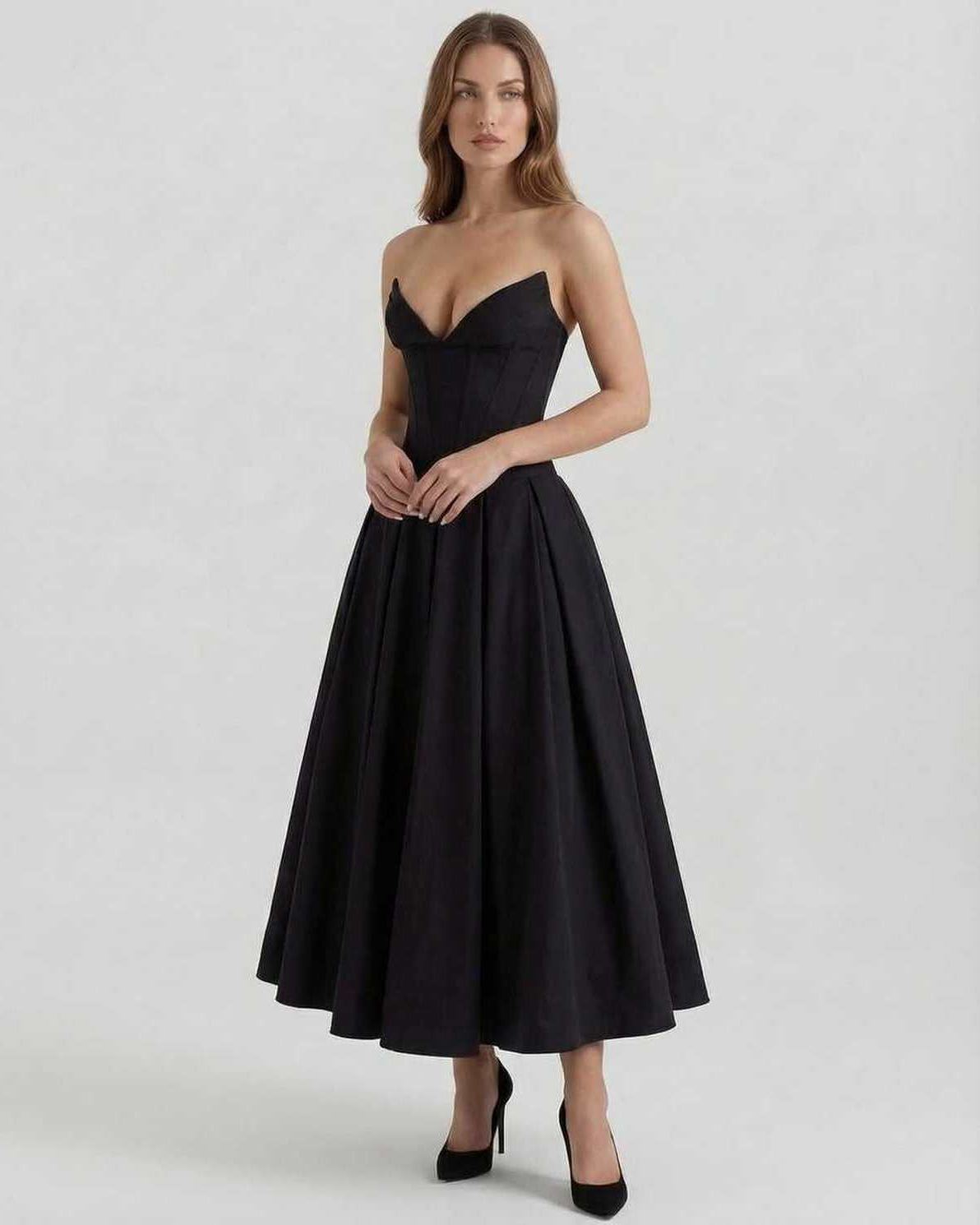 Vietri Midi Dress by RAMBLION, strapless black velvet, elegant and luxurious for special occasions.