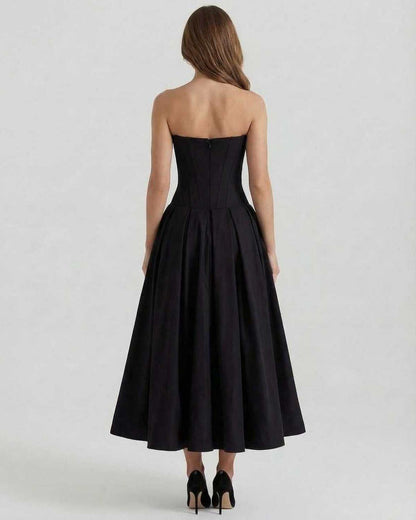 Vietri Midi Dress black strapless back view, luxurious polyester velvet, elegant A-line silhouette by RAMBLION.