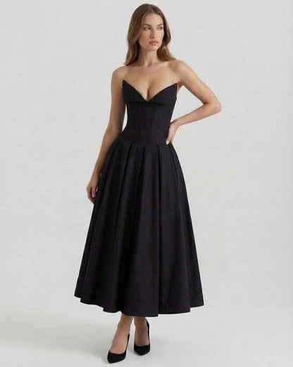 Vietri Midi Dress, black strapless velvet dress, elegant A-line silhouette, perfect for special occasions, by RAMBLION.