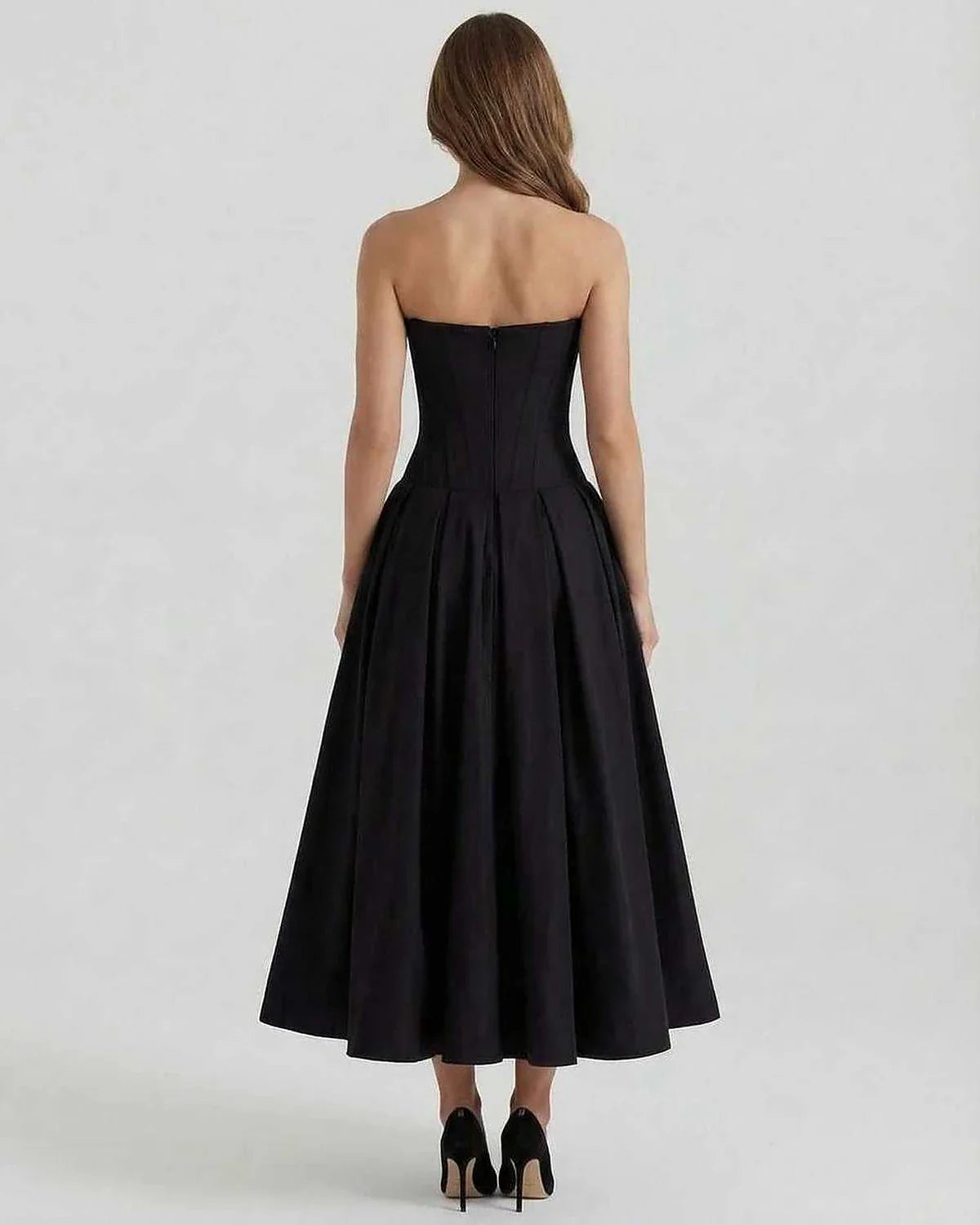 Black Velvet A-line Strapless Midi Dress | Formal Events, Cocktail Parties, Daily Wear & Weekend Wear, back view | Ramblion | SKU: CMD-739284651-black-L-1630,CMD-739284651-black-M-6780,CMD-739284651-black-S-9152,CMD-739284651-black-XL-4298,CMD-739284651-black-XS-7629