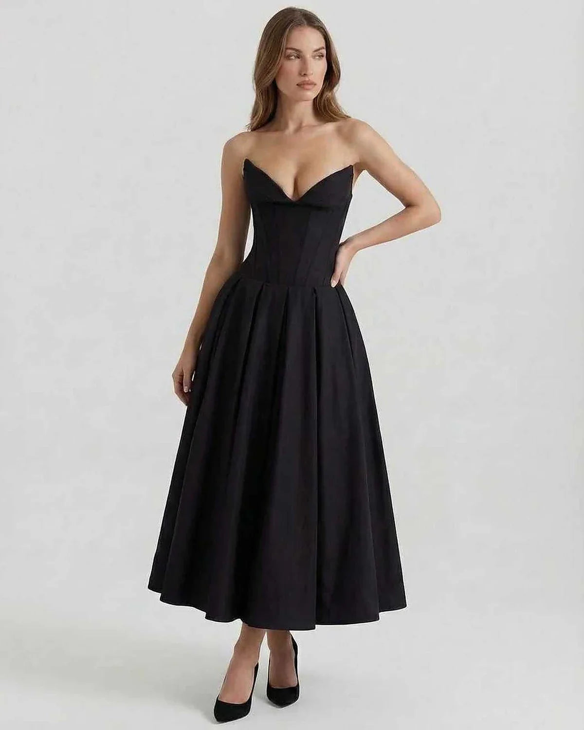 Black Velvet A-line Strapless Midi Dress | Formal Events, Cocktail Parties, Daily Wear & Weekend Wear, front view | Ramblion | SKU: CMD-739284651-black-L-1630,CMD-739284651-black-M-6780,CMD-739284651-black-S-9152,CMD-739284651-black-XL-4298,CMD-739284651-black-XS-7629