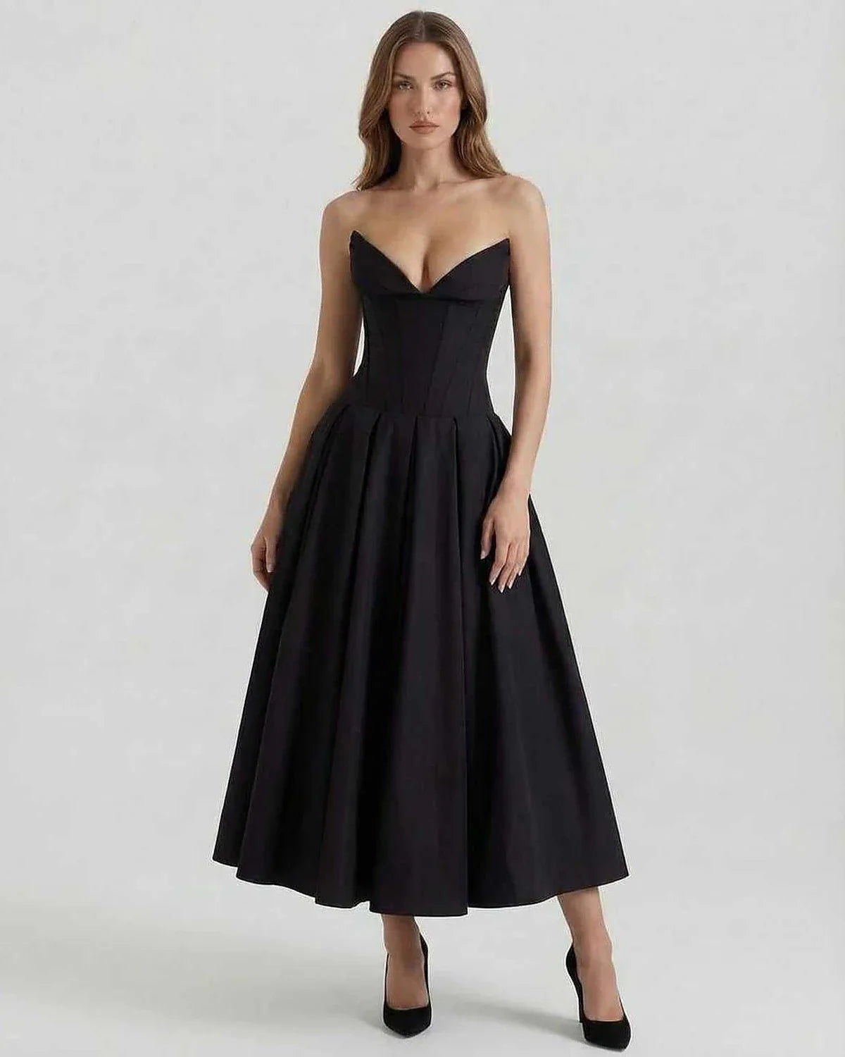 Black Velvet A-line Strapless Midi Dress | Formal Events, Cocktail Parties, Daily Wear & Weekend Wear, front view | Ramblion | SKU: CMD-739284651-black-L-1630,CMD-739284651-black-M-6780,CMD-739284651-black-S-9152,CMD-739284651-black-XL-4298,CMD-739284651-black-XS-7629