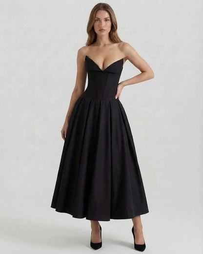 Black Velvet A-line Strapless Midi Dress | Formal Events, Cocktail Parties, Daily Wear & Weekend Wear, front view | Ramblion | SKU: CMD-739284651-black-L-1630,CMD-739284651-black-M-6780,CMD-739284651-black-S-9152,CMD-739284651-black-XL-4298,CMD-739284651-black-XS-7629