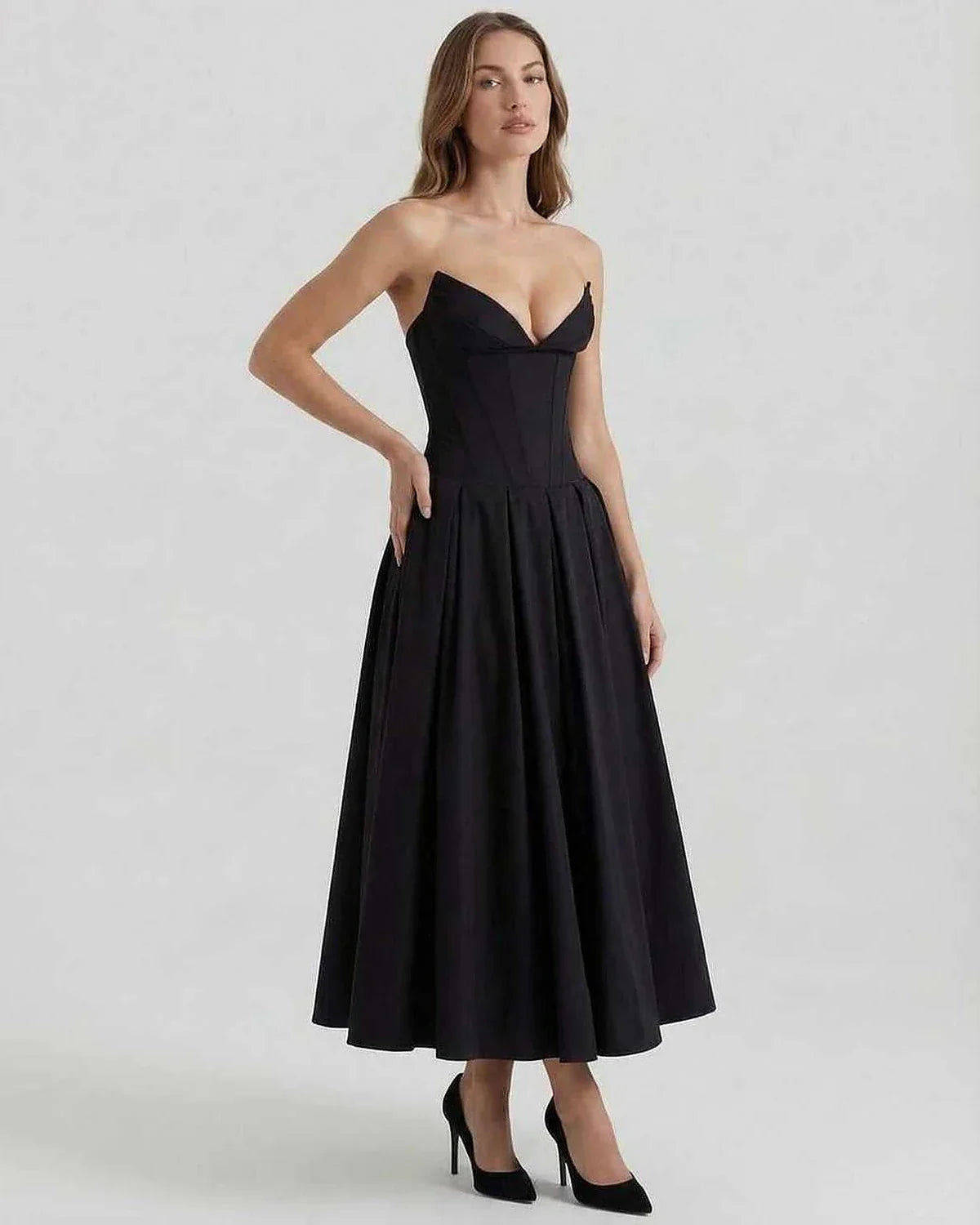 Black Velvet A-line Strapless Midi Dress | Formal Events, Cocktail Parties, Daily Wear & Weekend Wear, side view | Ramblion | SKU: CMD-739284651-black-L-1630,CMD-739284651-black-M-6780,CMD-739284651-black-S-9152,CMD-739284651-black-XL-4298,CMD-739284651-black-XS-7629