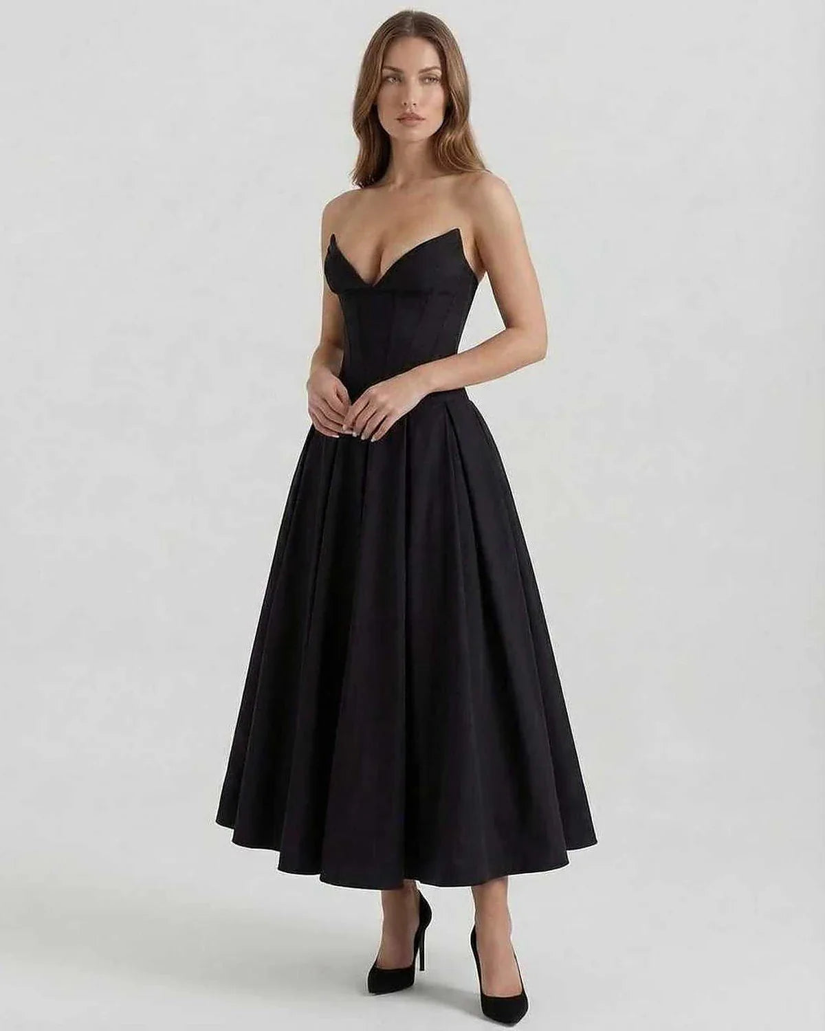 Black Velvet A-line Strapless Midi Dress | Formal Events, Cocktail Parties, Daily Wear & Weekend Wear, front view | Ramblion | SKU: CMD-739284651-black-L-1630,CMD-739284651-black-M-6780,CMD-739284651-black-S-9152,CMD-739284651-black-XL-4298,CMD-739284651-black-XS-7629