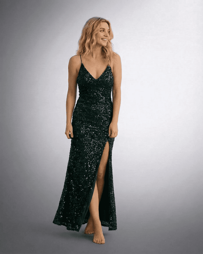 Vira Maxi Dress in black sequins, elegant V-neck, knee-high slit, perfect for formal occasions, by RAMBLION.