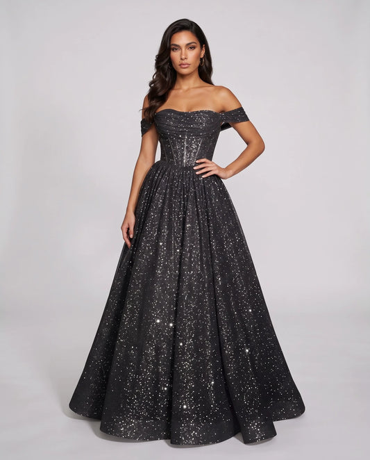 Black Glitter Tulle Off-Shoulder Corset Ball Gown Maxi Dress | Ramblion | SKU: VMD-583194726408315-BLACK-L,VMD-583194726408315-BLACK-M,VMD-583194726408315-BLACK-S,VMD-583194726408315-BLACK-XL,VMD-583194726408315-BLACK-XS