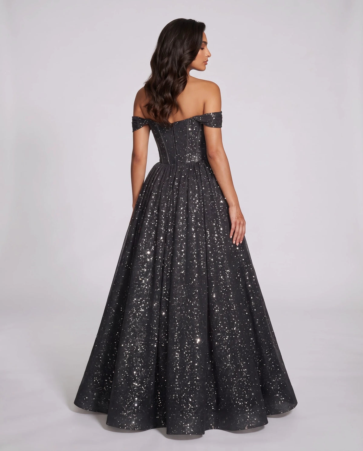 Black Glitter Tulle Off-Shoulder Corset Ball Gown Maxi Dress | Ramblion | SKU: VMD-583194726408315-BLACK-L,VMD-583194726408315-BLACK-M,VMD-583194726408315-BLACK-S,VMD-583194726408315-BLACK-XL,VMD-583194726408315-BLACK-XS