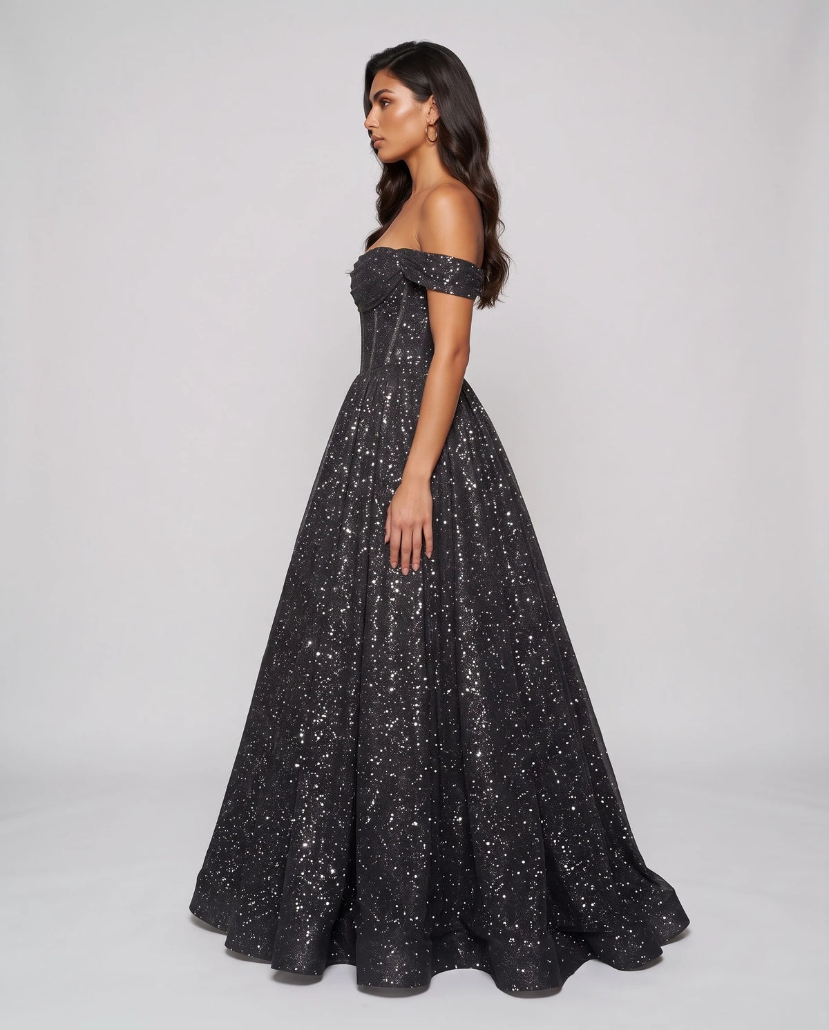 Black Glitter Tulle Off-Shoulder Corset Ball Gown Maxi Dress | Ramblion | SKU: VMD-583194726408315-BLACK-L,VMD-583194726408315-BLACK-M,VMD-583194726408315-BLACK-S,VMD-583194726408315-BLACK-XL,VMD-583194726408315-BLACK-XS