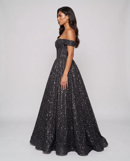 Black Glitter Tulle Off-Shoulder Corset Ball Gown Maxi Dress | Ramblion | SKU: VMD-583194726408315-BLACK-L,VMD-583194726408315-BLACK-M,VMD-583194726408315-BLACK-S,VMD-583194726408315-BLACK-XL,VMD-583194726408315-BLACK-XS